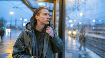 Fototapeta premium Young man standing at a city public transport stop, looking out from a shelter on a rainy evening, reflecting urban life