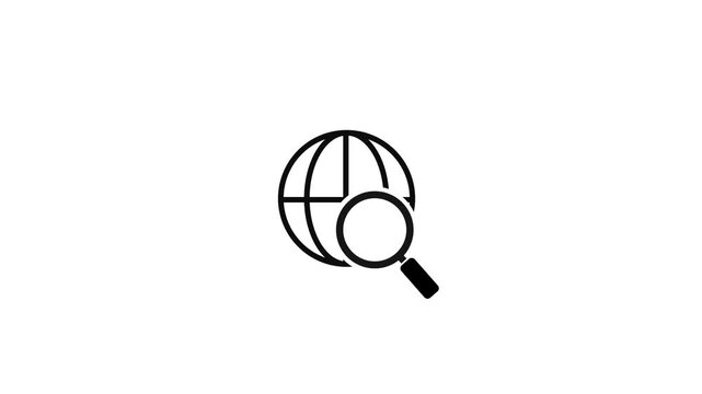 Global Web Search Icon Animation On White Background. Minimal black Symbol with magnifying glass over a globe.  internet search, website discovery, and Find online information.