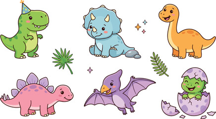 Cute Baby Dinosaur Vector Icon Set Featuring Tyrannosaurus Rex, Triceratops, Brachiosaurus, Stegosaurus, Pterodactyl, and Hatching Egg for Kids Birthday Party © Ismail