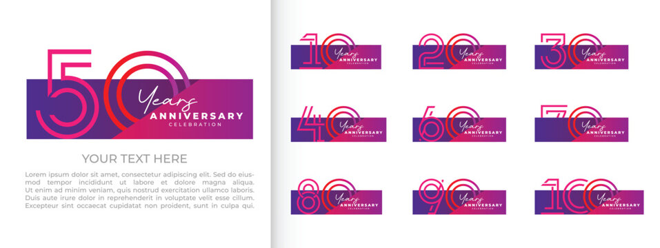 Modern Colorful 10 to 100 Years Anniversary Logo Design Vector Set for Birthday, Wedding, and Corporate Milestone Celebrations