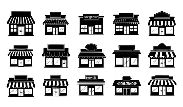 Store Front Silhouette Vector Icon Set Featuring Various Shop Buildings and Market Boutiques with Awnings for Commercial Retail Design Projects