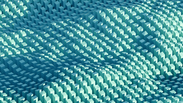 Abstract 3D render of a wavy geometric pattern composed of tiny turquoise cuboid blocks, minimalist low poly grid texture background