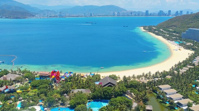 Panoramic sea view of Hon Tre island with Vinpearl Tourist Amusement Park in Nha Trang resort city in Vietnam. 
