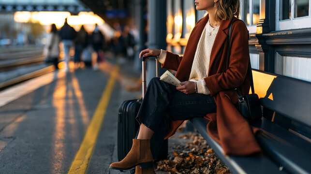 Woman sitting on a bench at a train station platform, holding a book and resting hand on luggage, waiting for her journey