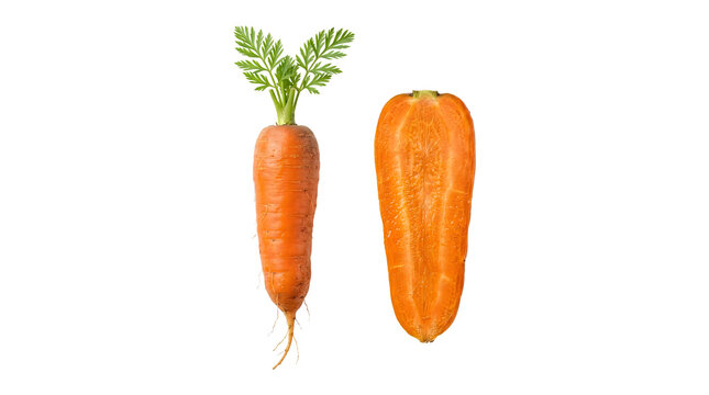 A whole orange carrot with green leafy tops positioned beside a longitudinal half of a carrot showing the interior texture, isolated on a white background, for healthy food visuals