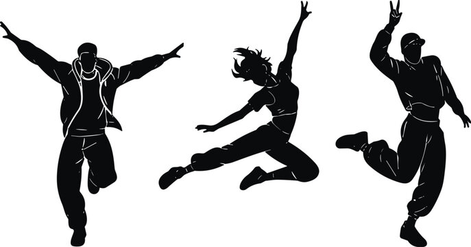 Silhouette dancers jumping in mid‑air, expressive hip hop and street dance poses, energetic urban movement collection of three artistic figures