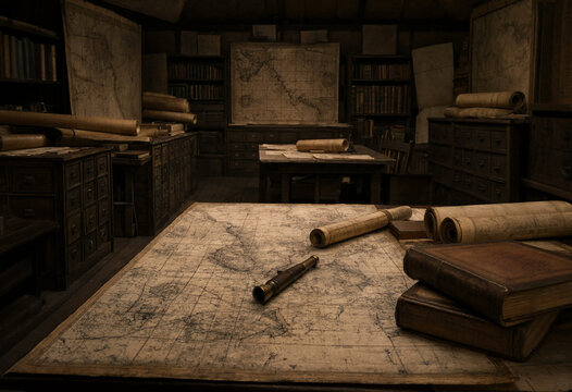 Dimly lit vintage study room featuring antique nautical maps, rolled parchment scrolls, leather bound books, and a brass telescope on a desk