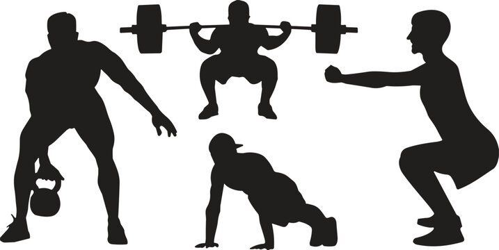 Silhouette fitness exercise figures performing kettlebell, barbell, push‑up, and squat poses, artistic collection of four dynamic workout training illustrations