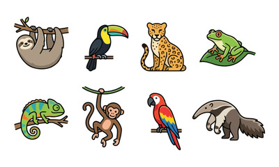 Fototapeta premium Tropical Jungle Animal Icon Set on White Background