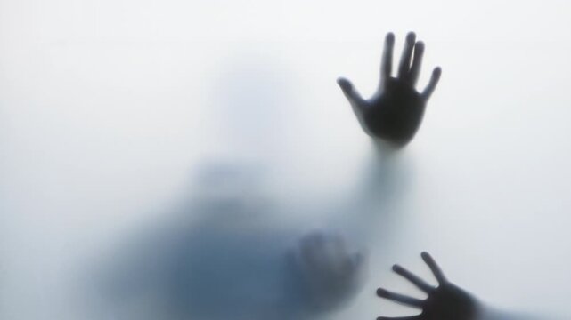 Dark hand silhouettes pressed against frosted glass