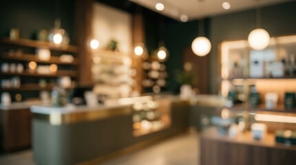 Fototapeta premium Blurred interior shop cafe boutique retail store background counter shelves lights luxury atmosphere modern design