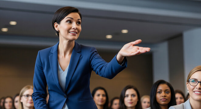 Smiling female executive engaging with audience during corporate presentation perfect for interactive business leadership and strategy communication