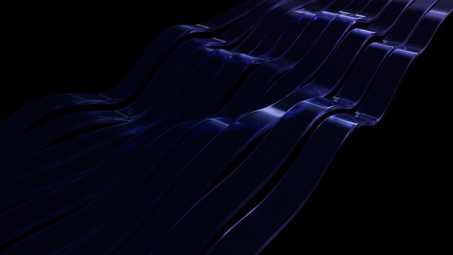 Abstract wavy purple glass lines on a black background, 3d render