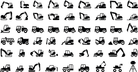 Silhouette icons of construction machinery, excavator, bulldozer, dump truck, forklift, crane, heavy equipment vehicles, industrial illustration, engineering design, building industry tools © MSTMISLA