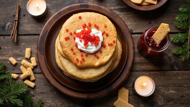 Stacked golden pancakes topped with cream and red caviar. Crisp ginger biscuits scattered around a rustic wooden board. Two small candles glow softly beside a jar of jam