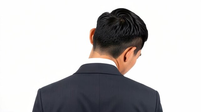 A man from behind wearing a suit and tie, standing against a neutral background.