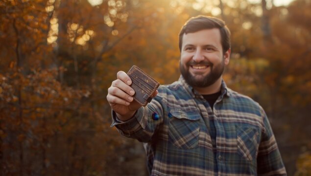 Smiling man with a beard in a plaid shirt holding a piece of beef jerky in an autumn forest