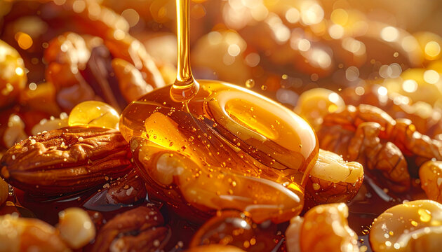 Close up of golden honey pouring over mixed nuts detailed macro shot