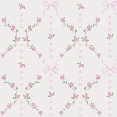 Delicate pink rose floral pattern with bows and hearts on a soft neutral background © SA Graphic Desing