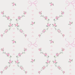 Delicate pink rose floral pattern with bows and hearts on a soft neutral background © SA Graphic Desing