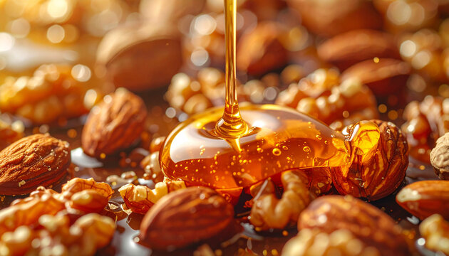Close up of golden honey pouring over mixed nuts with soft lighting