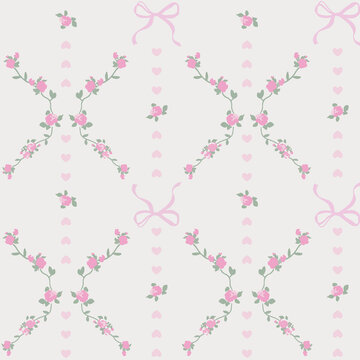 Delicate pink rose floral pattern with bows and hearts on a soft neutral background