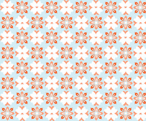 Fototapeta premium A soft and airy seamless pattern on a light blue background featuring white and orange stylized flower motifs. The refreshing color palette is ideal for spring-themed designs nursery decoration