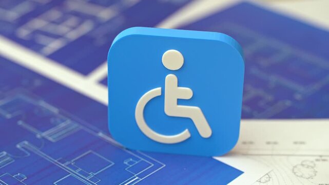 Symbol of a person with a disability on blueprints drawings. Designing accessible urban environments. Barrier-free urbanism. Public awareness, accessibility standards