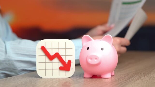 A piggy bank and red down arrow chart. Budget cuts. The difficulties of saving. Declining financial stability, loss of income, or reduced savings. Economic downturns, poor investment performance