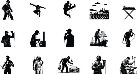 Silhouette professions, construction worker, dancer performer, farmer tractor driver, musician keyboard, astronaut explorer, miner, welder, blacksmith, creative labor occupations illustration © MSTMISLA