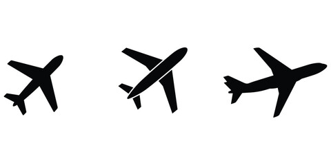 Collection of three black passenger airplane silhouettes in different poses for travel theme graphics © Shamsun