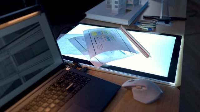 Architectural drafting workspace with illuminated light table, blueprint documents, laptop computer