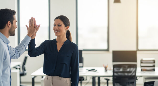 Corporate colleagues celebrating business success with high five perfect for positive professional workplace environment and teamwork strategies