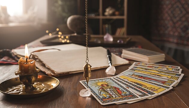 Tarot Cards and Mystical Items on Wooden Table.