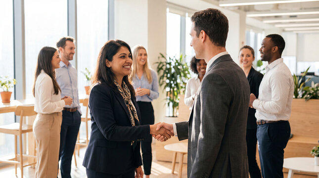 Experienced professionals shaking hands in modern office networking during casual meeting with diverse colleagues smiling and conversationally mingling in bright workspace