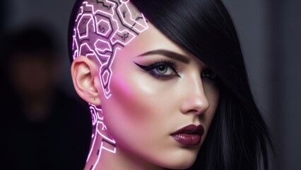 Fototapeta premium Futuristic woman portrait with illuminated neon head circuitry.
