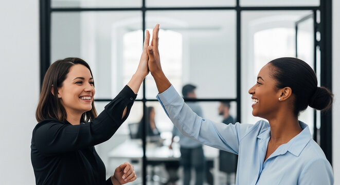 Diverse female colleagues celebrating successful project with high five perfect for positive corporate communication and teamwork
