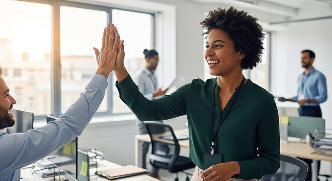 Diverse female business team high fiving to celebrate corporate success perfect for positive professional workplace and collaboration