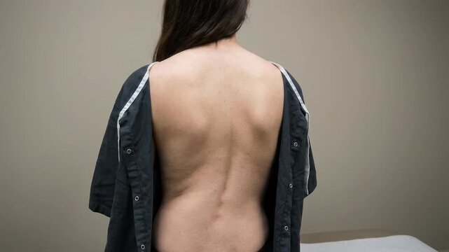 Vertebral column check: scoliosis screen, spine examine, body posture, back deformity, medical consult, patient health, doctor care, physical assess, skeletal system, human anatomy.