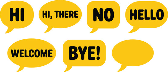 Speech, bubble icons, vector chat labels featuring hello welcome yes no bye and greeting messages for social networking communication and digital interface graphics. © Clinton Black