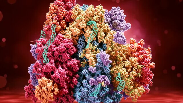 Protein complex interaction with DNA strand. Biomolecular structure, molecular machinery and cellular process. Biotechnology research, genetic engineering, drug discovery, CRISPR Cas9 enzyme