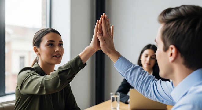 Happy corporate colleagues high fiving at sunset in modern office perfect for positive professional lifestyle and successful business teamwork