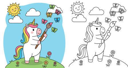 Adorable cartoon unicorn with rainbow mane and tail painting colorful butterflies under a smiling sun © Dewan
