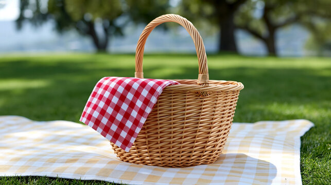 Wicker picnic basket with red checkered cloth on blanket in sunny park ready for outdoor relaxation and summer leisure