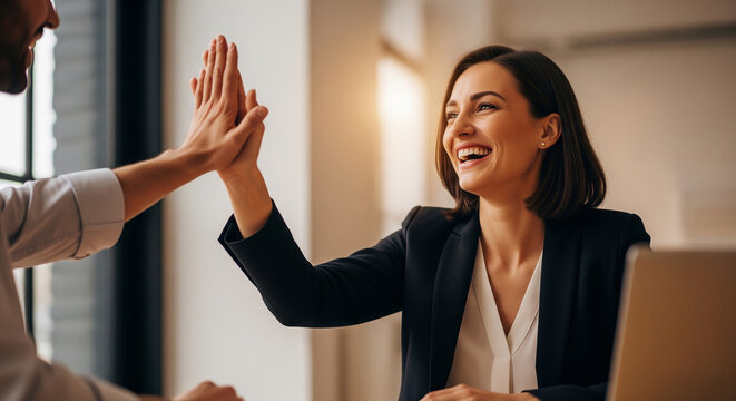 Smiling business partners celebrating successful meeting with high five perfect for positive corporate leadership and professional teamwork