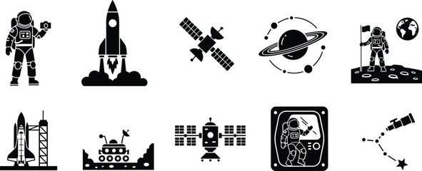 Space exploration icon set, astronaut, rocket launch, satellite, planet orbit, telescope, space station, rover, galaxy, science, discovery, technology © MSTMISLA