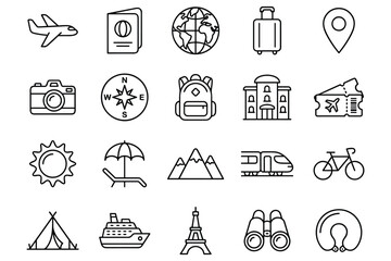 Fototapeta premium Set of travel and tourism icons vector airline airplane globe suitcase passport camera