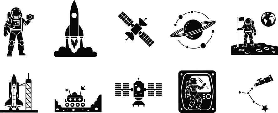 Space exploration icon set, astronaut, rocket launch, satellite, planet orbit, telescope, space station, rover, galaxy, science, discovery, technology
