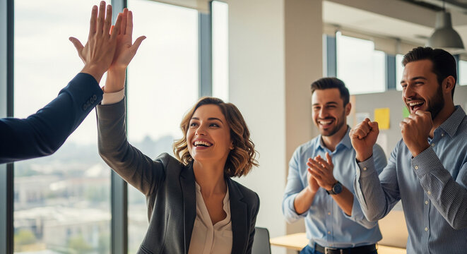 Joyful corporate colleagues applauding and high fiving in office perfect for successful business teamwork and positive professional achievement