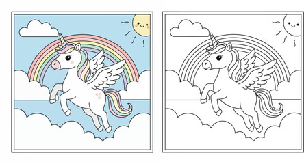 Adorable cartoon winged unicorn with rainbow mane flying through clouds under a pastel rainbow © Dewan